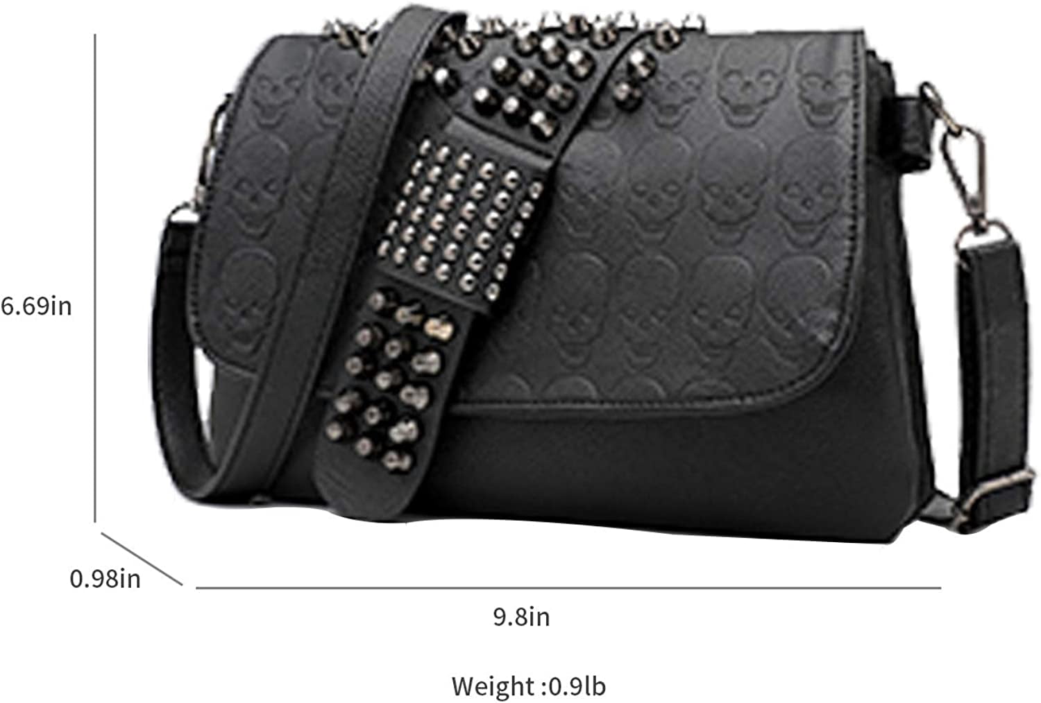 Womens Punk Skull Rivet Shoulder Bag PU Leather Goth Crossbody Bag with Chain Wallet Purse for Teen