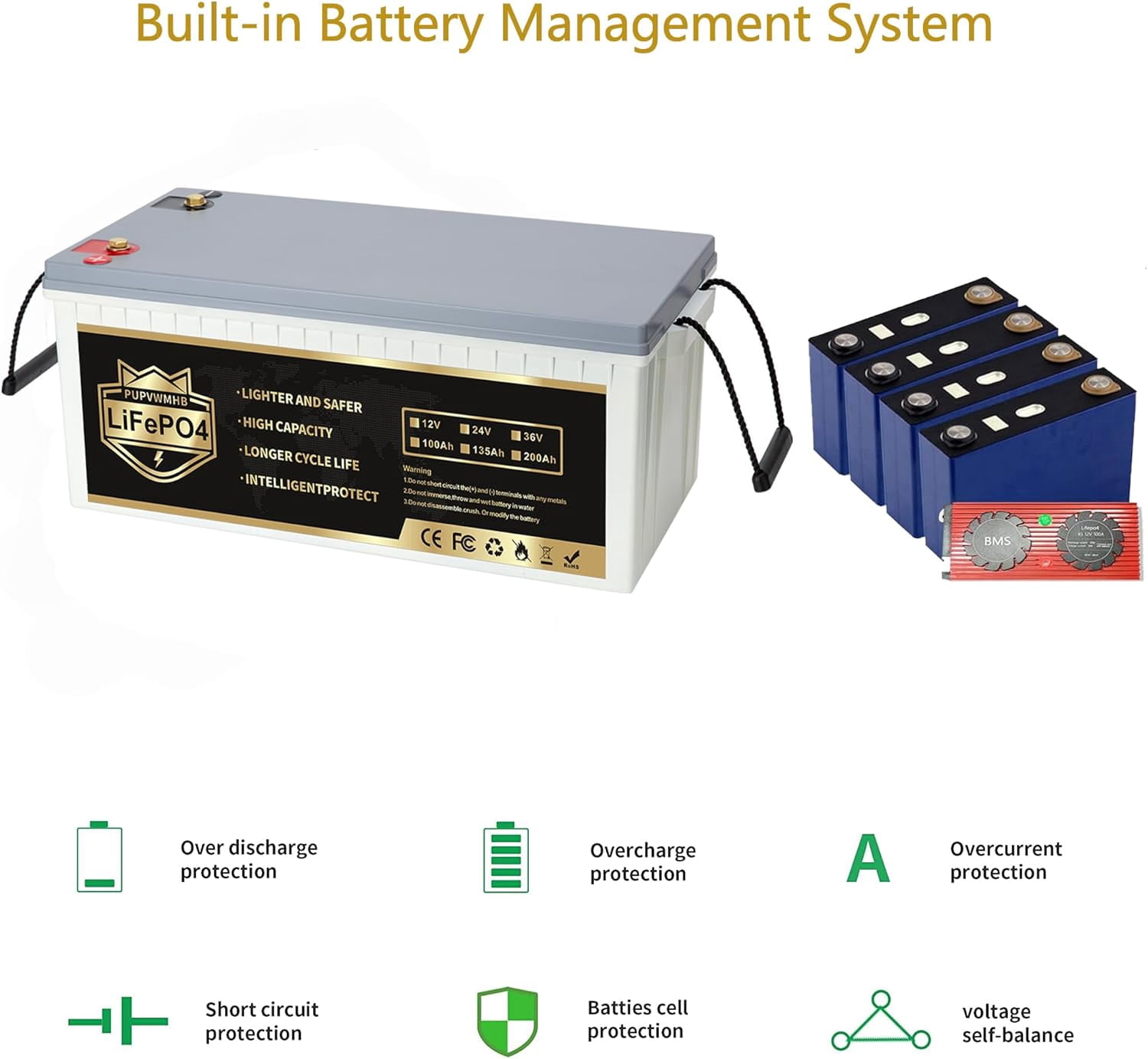 12V200Ah Bluetooth LiFePO4 Lithium Battery, Built-in 200A BMS, Max.2560W Load Power,10 Years Lifetime 8000  Cycles Deep Cycle Battery for Trolling Motor, RV Camping, Off-grid Application