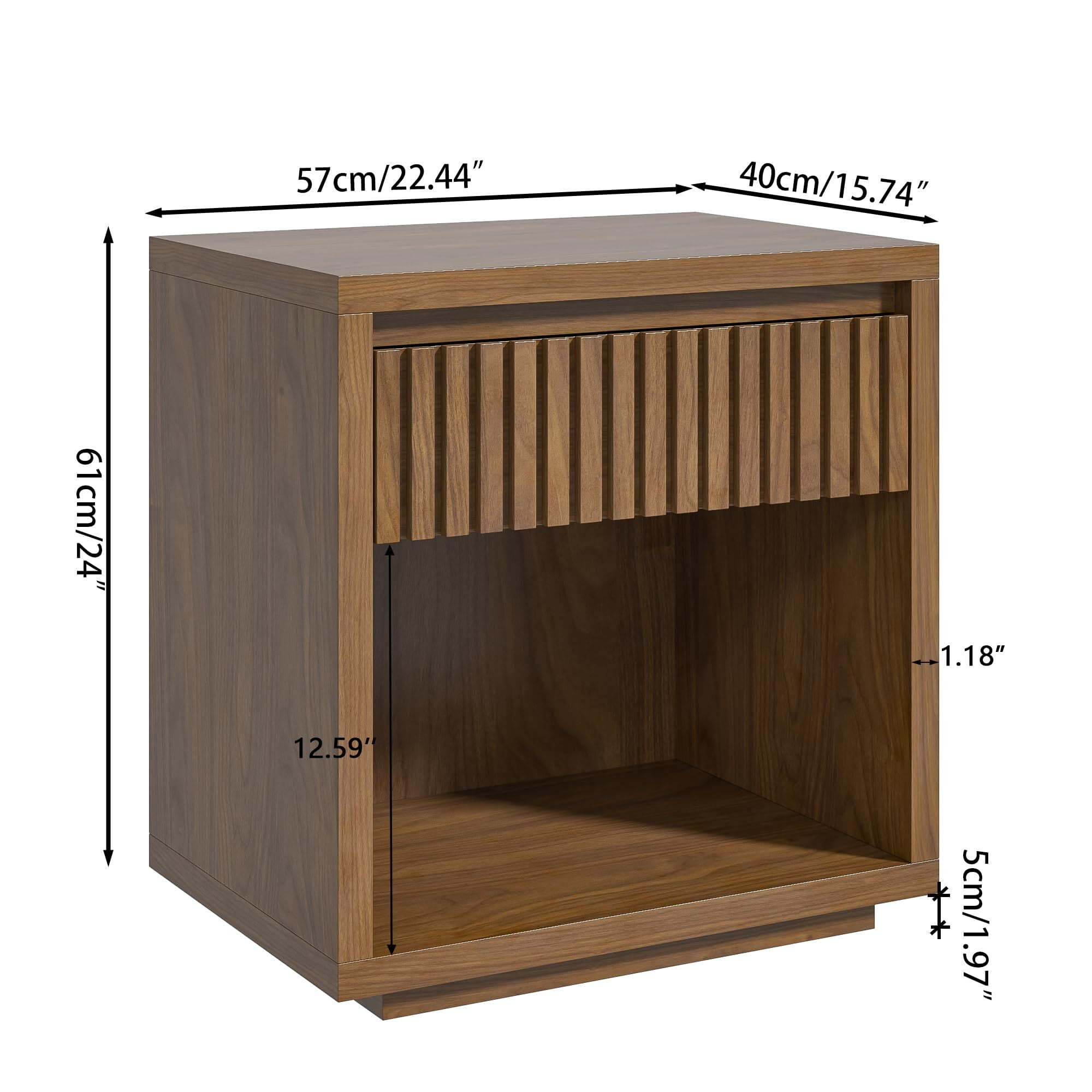 Fluted Nightstand with Drawer Storage, Mid Century Bedside End Table for Bedroom, Walnut, 1 pcs