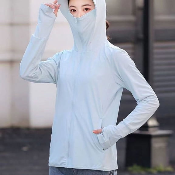 Women's UPF 50 Sun Protection Hoodie Jacket Lightweight Long Sleeve Sun Shirt for Women with Pocket Hiking Outdoor Breathable And UV-Protective Light Blue S