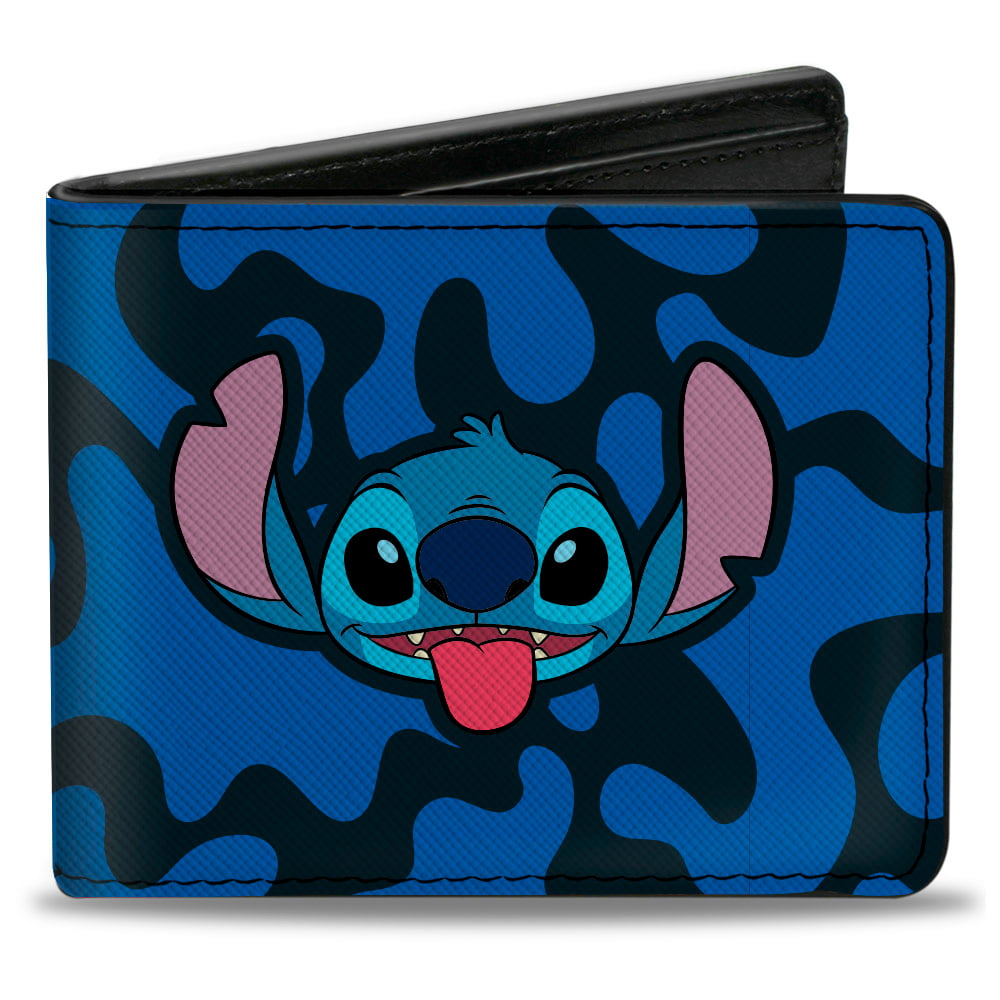 New Disney Alien Lilo and Stitch Smile Face Bi-Fold Blue Faux Leather Wallet 