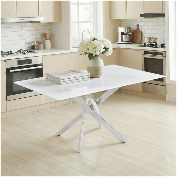59 Inch Rectangular Tempered Glass Table, Silver Metal Frame, Granite Finish for Dining Room, Office Desk, Kitchen, Conference