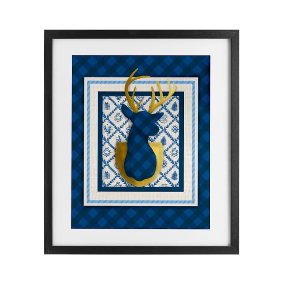 Stupell Industries Winter Plaid Deer Gold Detail Black Framed Print Under Glass design by Jilly Jack Designs, 16 x 13