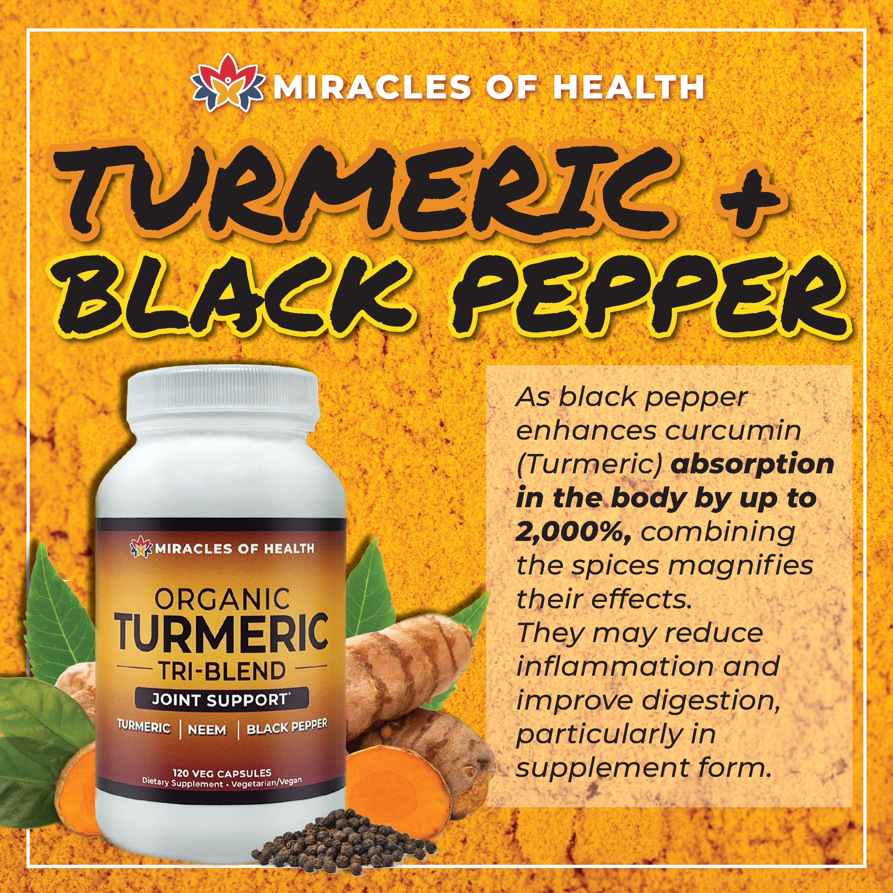 Turmeric Tri-Blend – Daily Health Boost, Immune Defense and Joint Support | All-Natural Herbal Supplement| 120 Veg Capsules with Organic Neem, Black Pepper and Turmeric