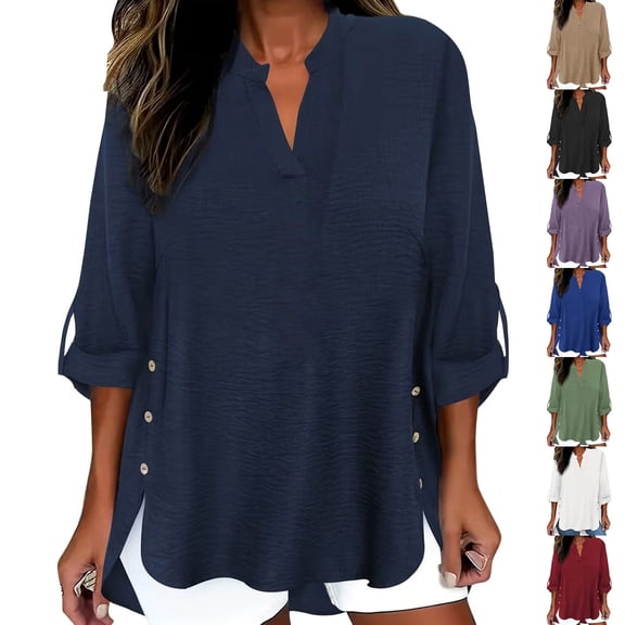 Endives Womens Linen Shirts 3/4 Length Sleeve Womens Shirt Blouses Spring Tops 2026 Beach Vacation Summer Navy