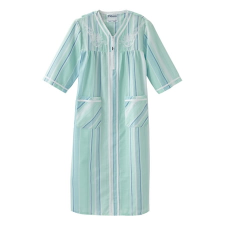 

Silvert s Women s Open Back Adaptive Nightgown with Zip Front - No Peek Hospital Gown for Seniors - Aqua Stripe Medium