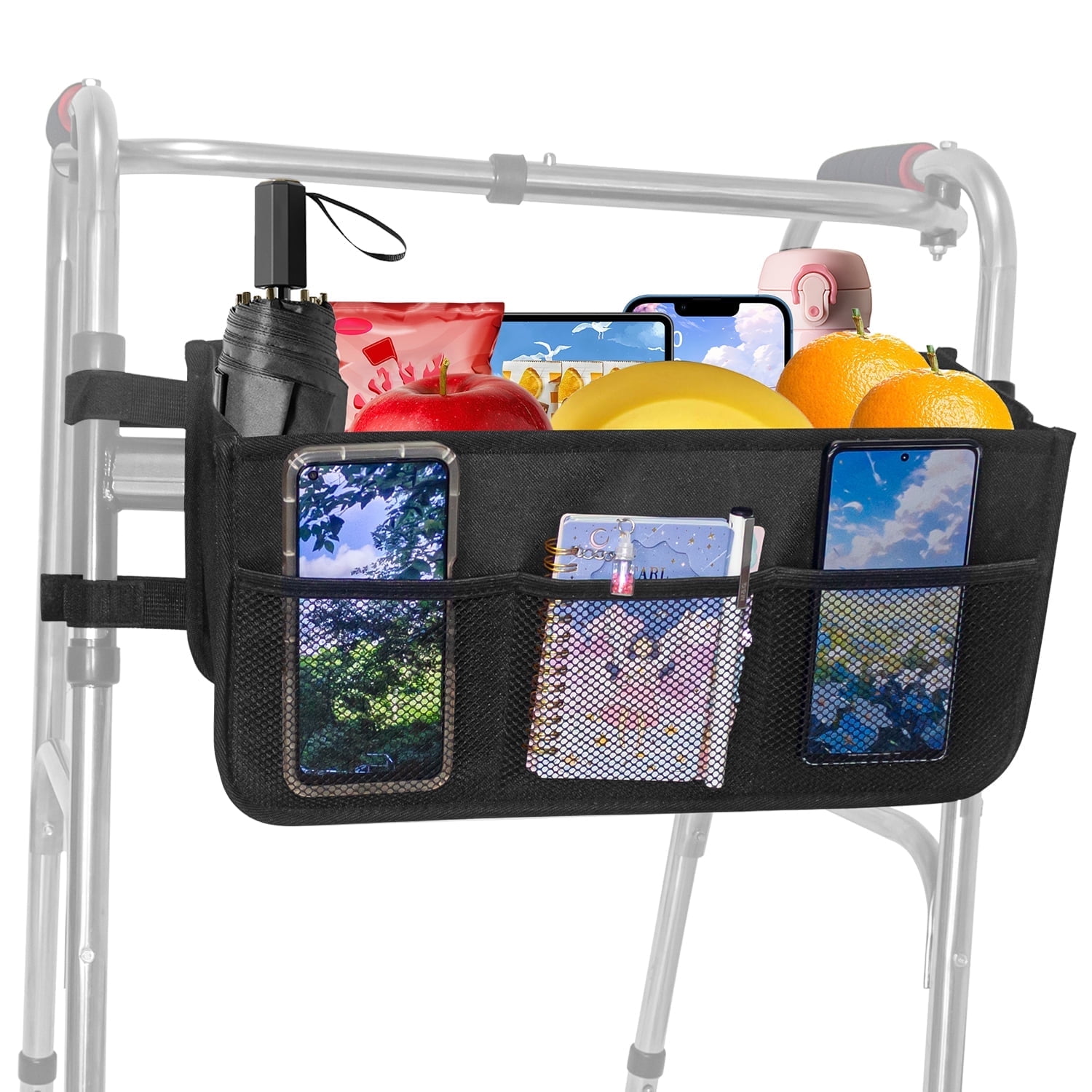 TONINT Walker Basket Walker Bag Water Cup Holder.Walker Basket for Foldable Walker,Storage Bag Strap Attachment Organizer Pouch with Cup Holder and Dustproof Lids