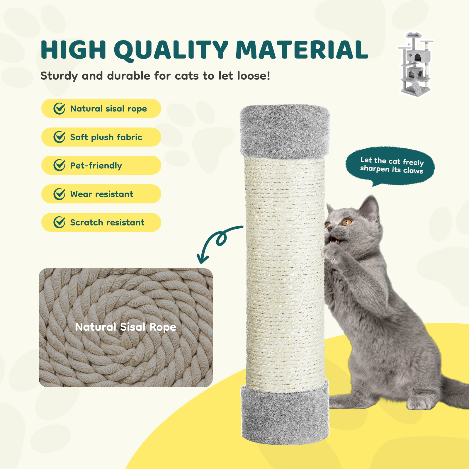 MCQ 54" Cat Tree Tower Multi-level with Scratching Post, Large Condo for Indoor, Light Gray