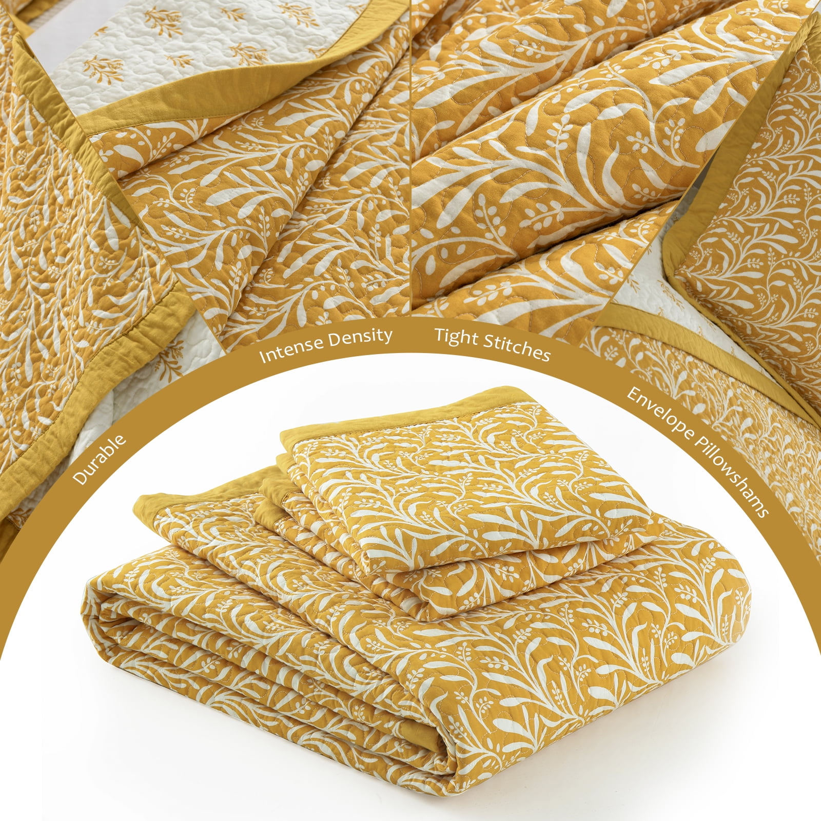 DUOHONG Queen Quilt Set 100% Cotton Farmhouse Lightweight Bedding Set, White/Tangerine Yellow, 90"W x 98"L