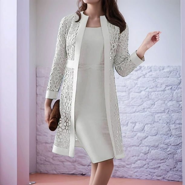 WILLBEST Conjunto De Cárdigan Y Vestido De Encaje Para Mujer: Elegante Y Moderno Conjunto De Dos Piezas Para Ocasiones Informales Y Formales.