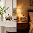 thumbnail image 6 of Floral Hand-Painted Ceramic Light Up Pumpkin Lantern, Carved Jack-O-Lantern with Warm LED, Textured Speckled Green Base Folk Halloween Tabletop Decor for Mantel Bedside Entry Shelf Fall Centerpiece, 6 of 7