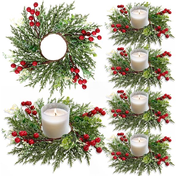 Guvpev 8PCS Christmas Candle Rings, Wreaths, Mini Xmas Wreaths, Table Centerpieces, Candle Rings for Pillars, Front Door, Window, Chair Decorations