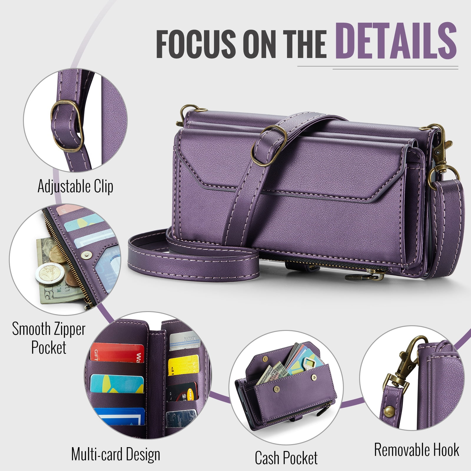 Asuwish Compatible with Samsung Galaxy S24 5G Zipper Wallet Phone Case Tempered Glass Screen Protector Crossbody Lanyard Strap Flip Card Holder Slot Cell Cover for S 24 24S G5 SM-S931U Women Purple