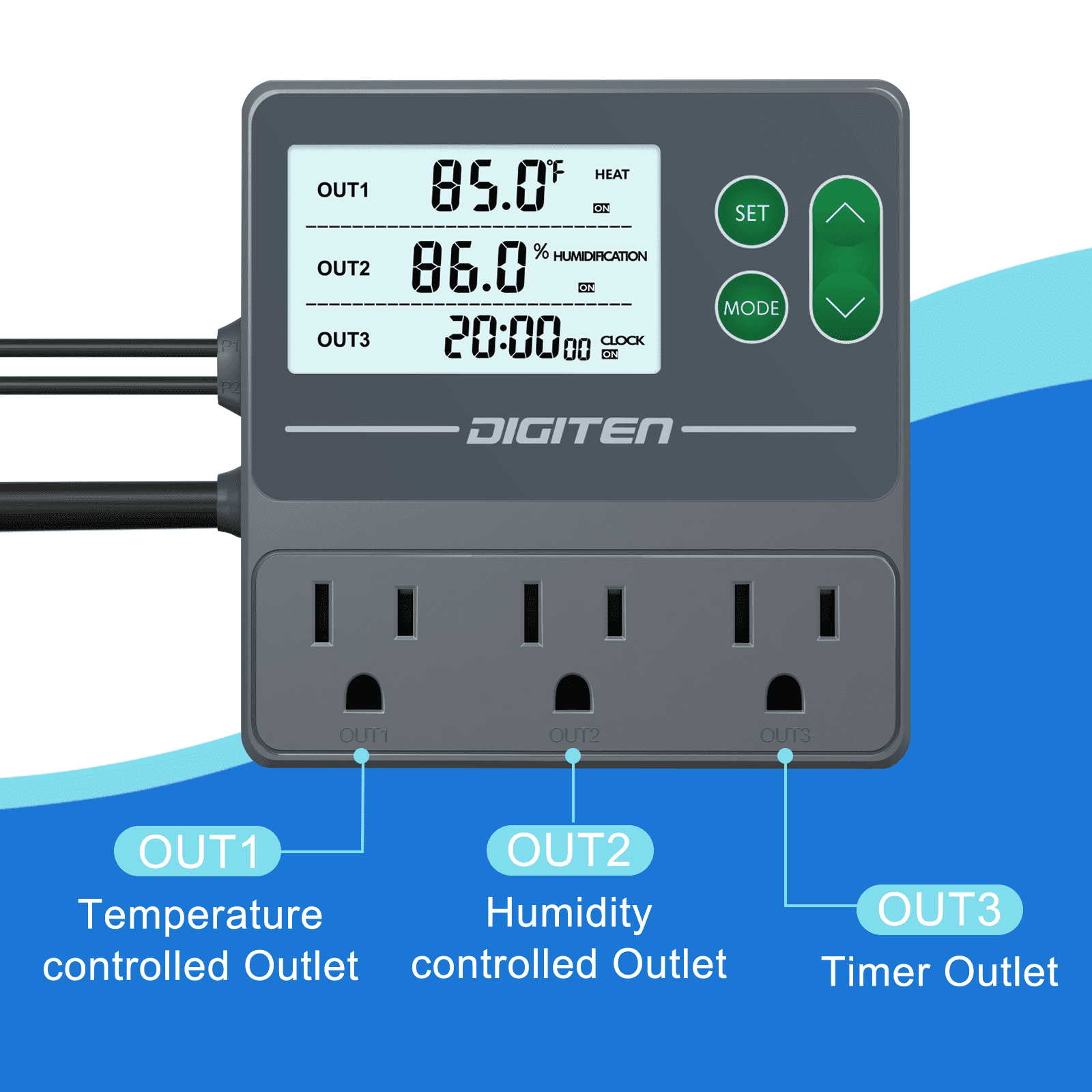 DIGITEN Temperature and Humidity Controller with Timer - 3 Outlet, 2 Separate Probes, Plug in Temperature Controller for Reptiles ,Snake, Mushrooms