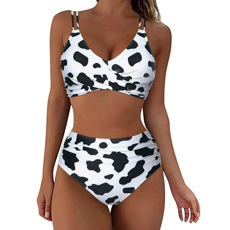 Mnyotv Bathing Suit Women High Waisted Bikini Sexy Push Up Two Piece Swimsuits Vintage Swimsuit Two Piece Retro Ruched High Waist Print Bikini Set White 2XL