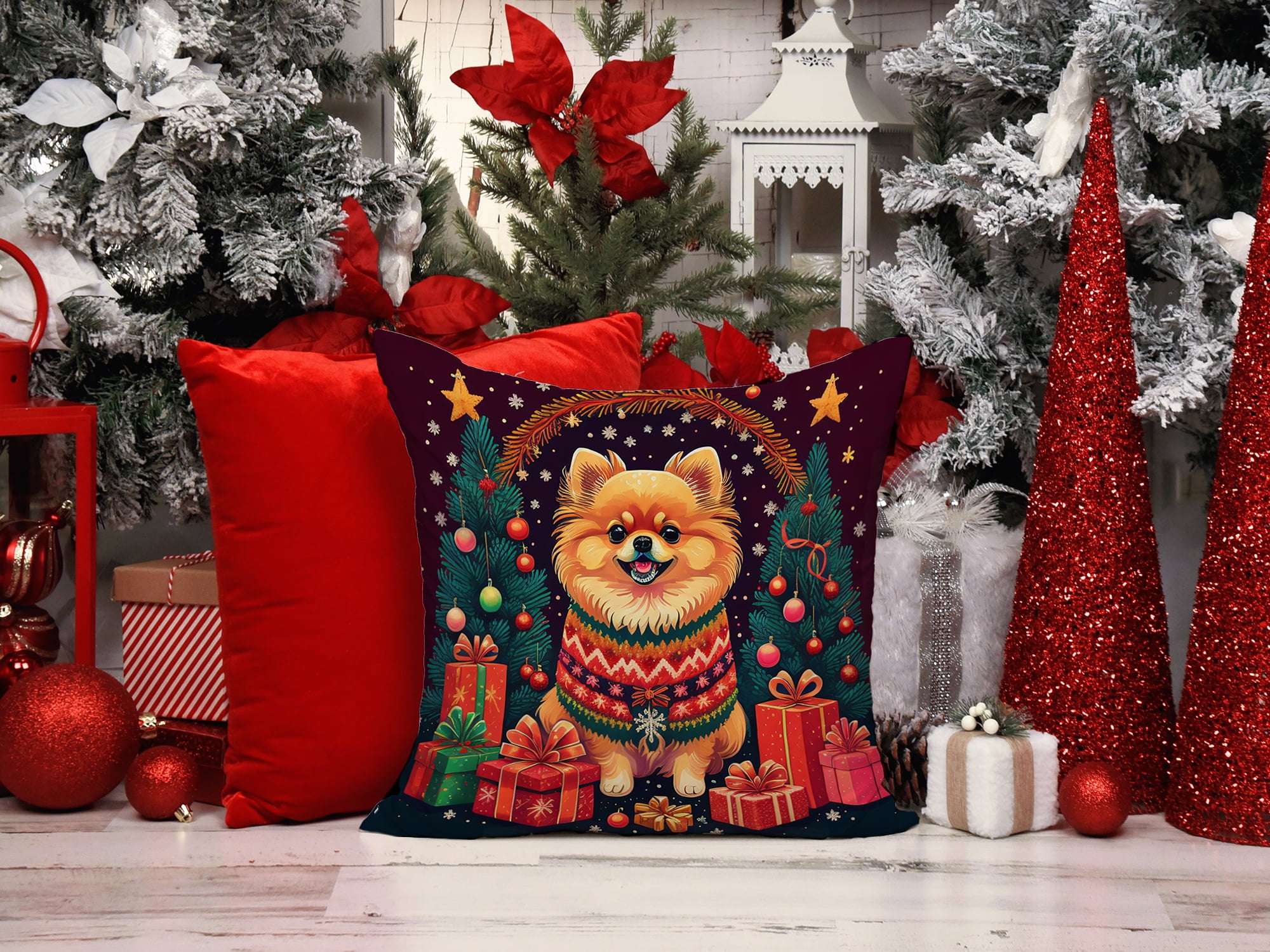 Pomeranian Christmas Fabric Decorative Pillow 18 in x 18 in