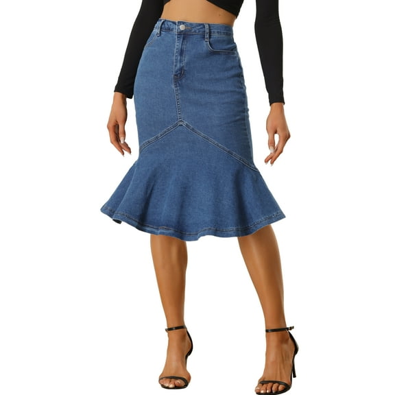 MODA NOVA Fishtail Denim Skirt for Juniors High Waist Bodycon Jean Ruffles Skirts Dark Blue XS