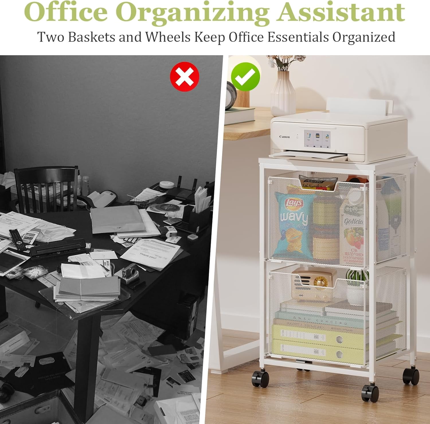 Rolling File Cart with 2 Storage Drawers,Under Desk Storage,Hanging File Folder Organizer with Wheels, Filing Cabinet Mobile Printer Stand Utility Craft Cart for Home Office,White
