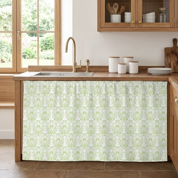 Cabinet Curtain 28''W x 51''L, Green Baroque Under Sink Curtain Drapes, Abstract Art Floral Pattern Self Adhesive Cabinet Skirt for Kitchen/Bathroom Vanity/Laundry Room/Open Shelf/Pantry