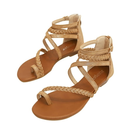 

AXXD Brown Sandals for Women Summer Slope Heel Woven Sandals Versatile Open Toe Oversized Buckle Roman Shoes