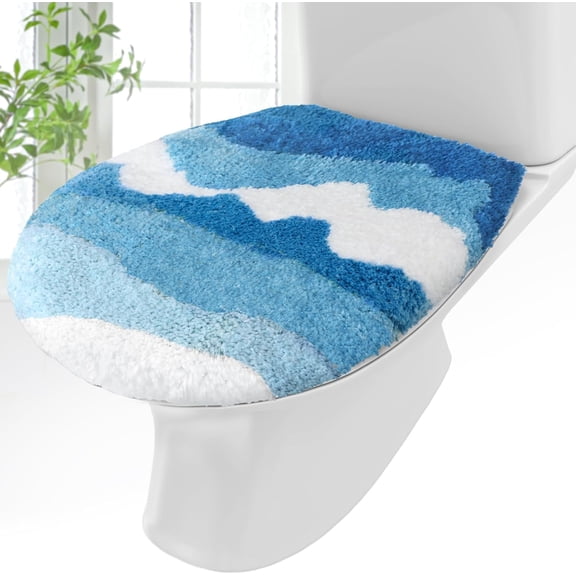 Blue Ocean Wave Toilet Seat Lid Cover for Bathroom Beach Plush Toilet Seat Cover with Non-slip Rubber Backing Bathroom Decor Fits Most Round, Elongated and Oblong Lids 17.5''x15''