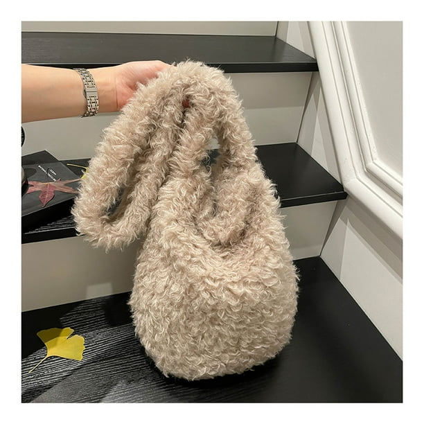 Bolso de mano peludo para mujer | Bolso bandolera grande de piel sintética con orejas de conejo | Monedero ligero con cierre magnético | Bolso informal de invierno para ir de compras, hacer yoga o