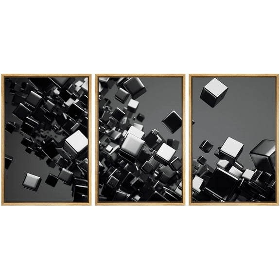 wall26 - 3 Piece Framed Canvas Wall Art - a Black Cubes Abstract Background - Modern Home Art Stretched and Framed Ready to Hang - 16"x24"x3 Natural