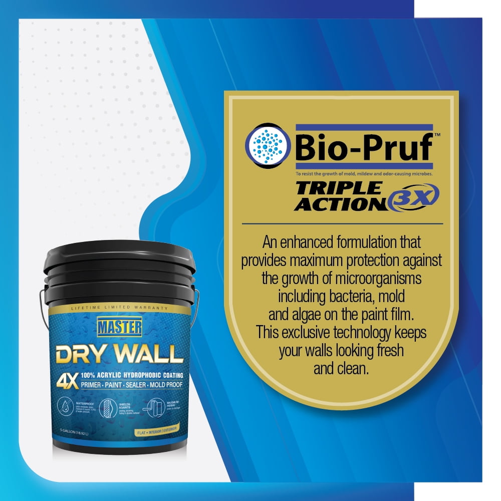 Master Paints Dry Wall 100% Acrylic Hydrophobic Coating Interior and Exterior Primer, Paint and Sealer Medium Base Tone 5 gal