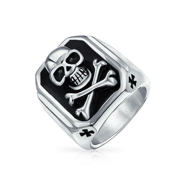 Men's Big Black Enamel Caribbean Pirate Skull & Cross Bones Rectangle Signet Ring for Men Teens Silver Tone Stainless Steel