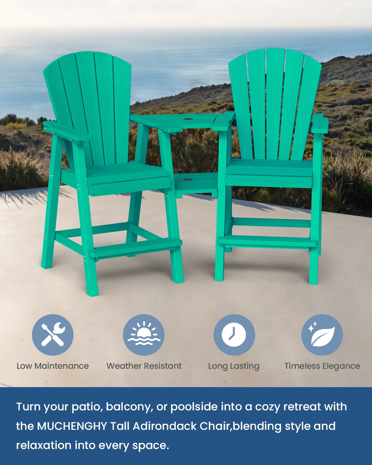 CIOKEA Tall Adirondack Chair Set of 4, All Weather HDPE Patio Chairs with Double Removable Connecting Trays for Balcony, Deck, Backyard, Patio, Garden, Baby Blue