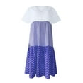 thumbnail image 4 of Abomasnow Women Casual Plus Size Mini Dress Summer Loose Fashion Patchwork V-Neck Stripe Dot Short Sleeve Ruffle Tiered Hem Linen Beach Sun Dress on Clearance, 4 of 5
