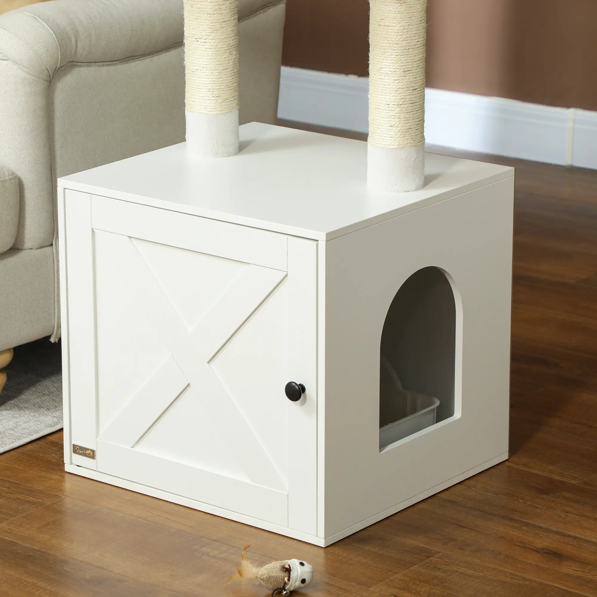 White Cat Tree with Litter Box Enclosure
