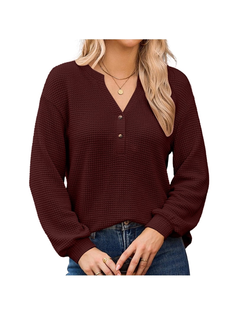 Women'S V Neck Waffle Knit Henley Tops Casual Long Sleeve Pullover