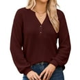 thumbnail image 2 of Women'S V Neck Waffle Knit Henley Tops Casual Long Sleeve Pullover Sweater Blouses Dark Red S, 2 of 7