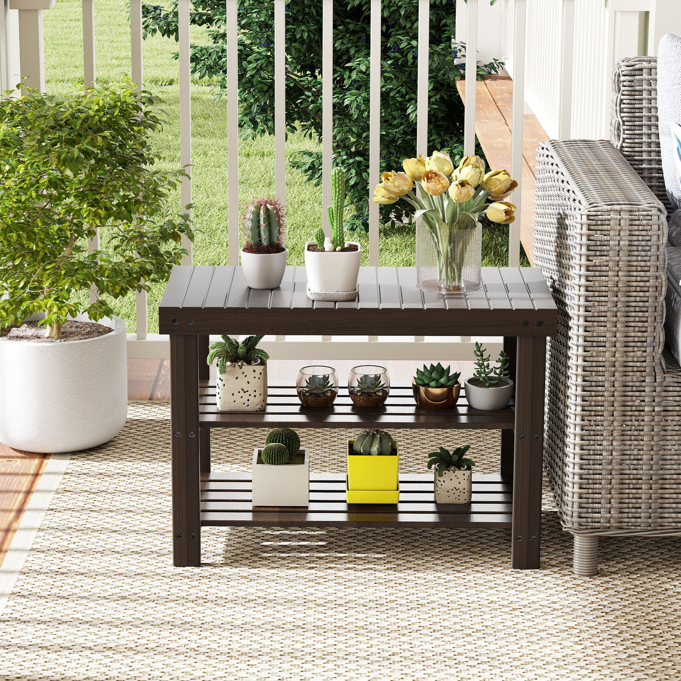 EDX Bamboo 3-Tier Shoe Rack Bench, Brown photo 4