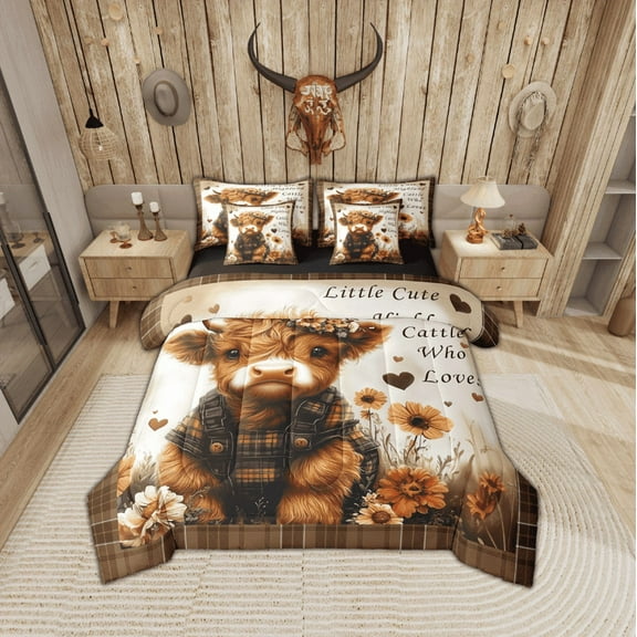 Erosebridal Cute Highland Cattle Bedding Twin Size, Cartoon Farm Animal Comforter Sets with Sheets, Chic Flower Room Decor, Reversible 7pcs