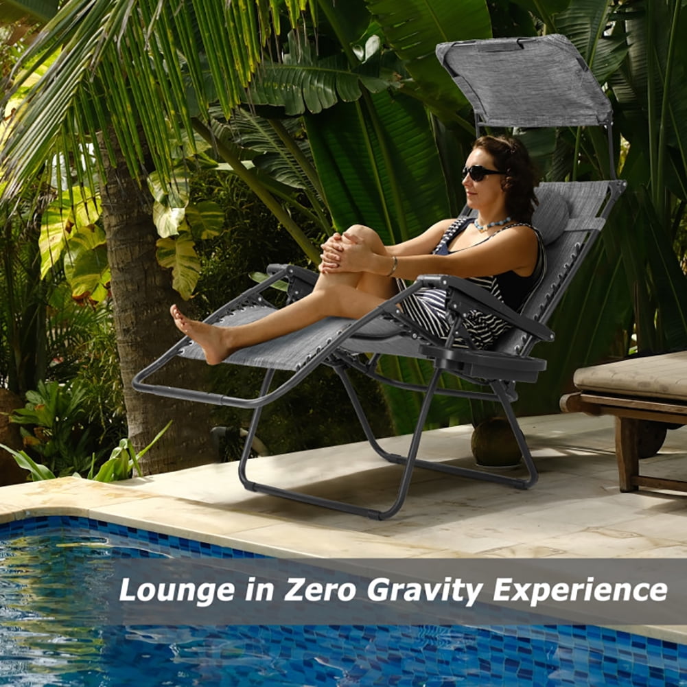 Aimee Lii Folding Recliner Lounge Chair with Shade Canopy Cup Holder, Outdoor Patio Furniture, Gray