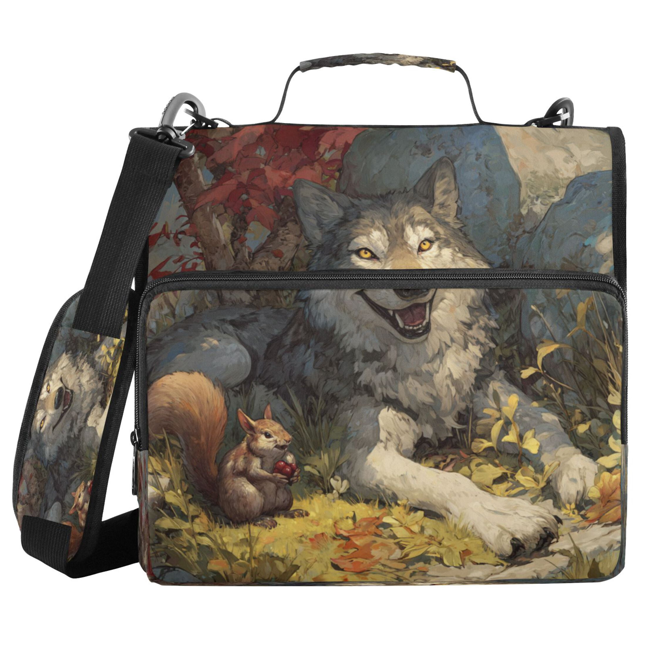 Zipper Binder 3 Rings Stationery Office Files Daily Organizer File Folder Storage Bag Gray Wolf and Squirrel