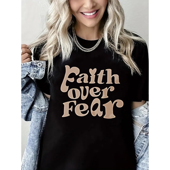 Women Christian T-Shirt Faith Over Fear Graphic Shirt Casual Loose Short Sleeve Crew Neck Top