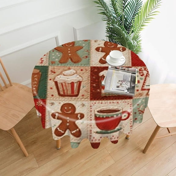 RKSupls 60 Inch Round Tablecloth, Gingerbread Christmas Quilt Premium Polyester Straight Edge Wrinkle Resistant Washable Table Cover for Party Home Dining Decor