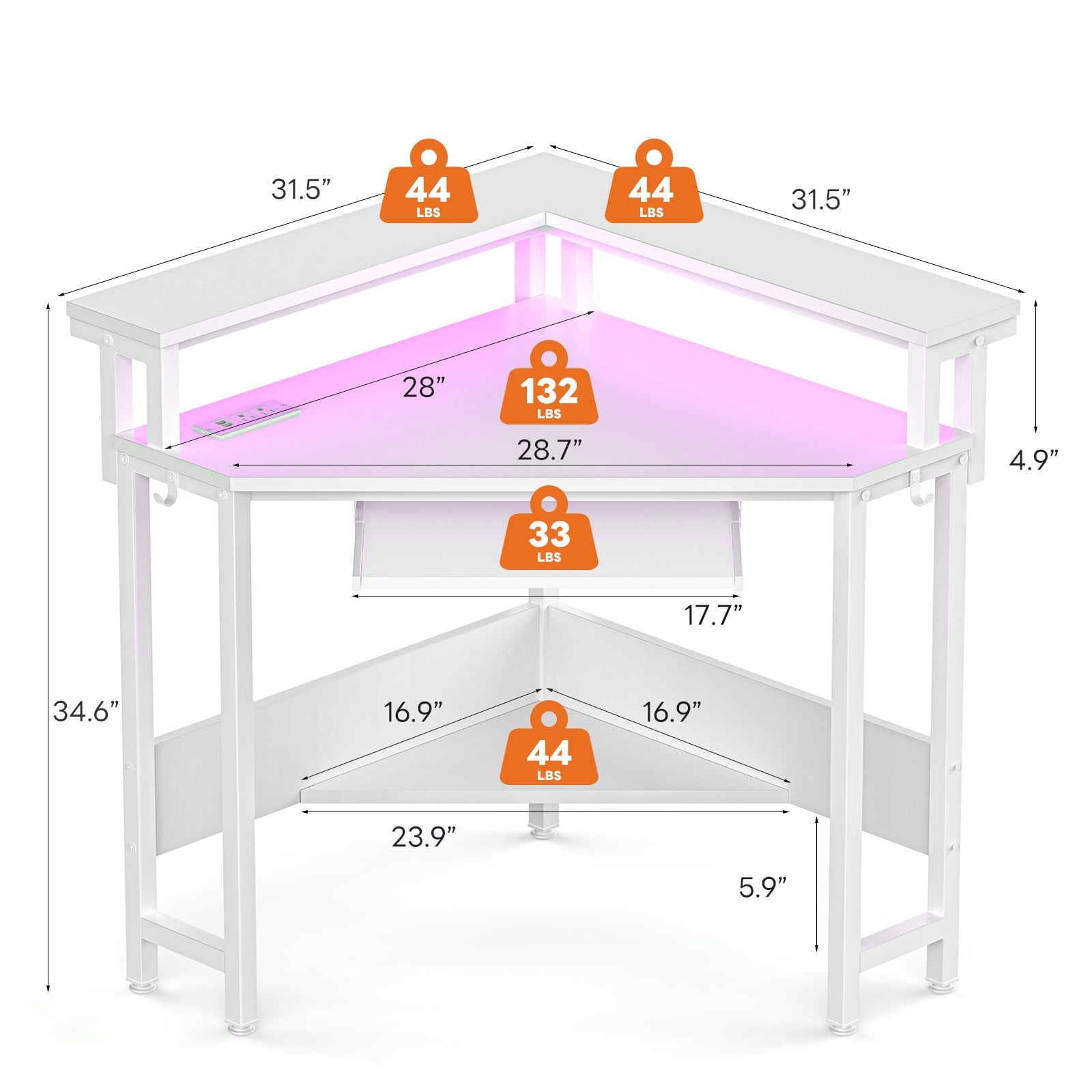 CONCETTA Coner Desk, L-Shaped Computer Desk with Power Outlets, LED Lights, Monitor Stand & Keyboard Tray, White