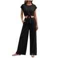thumbnail image 2 of Women's Summer 2 Piece Outfits 2026 Cap Sleeve V Neck Belted Crop Tops Wide Leg Pant Sets Casual Tracksuit, 2 of 6