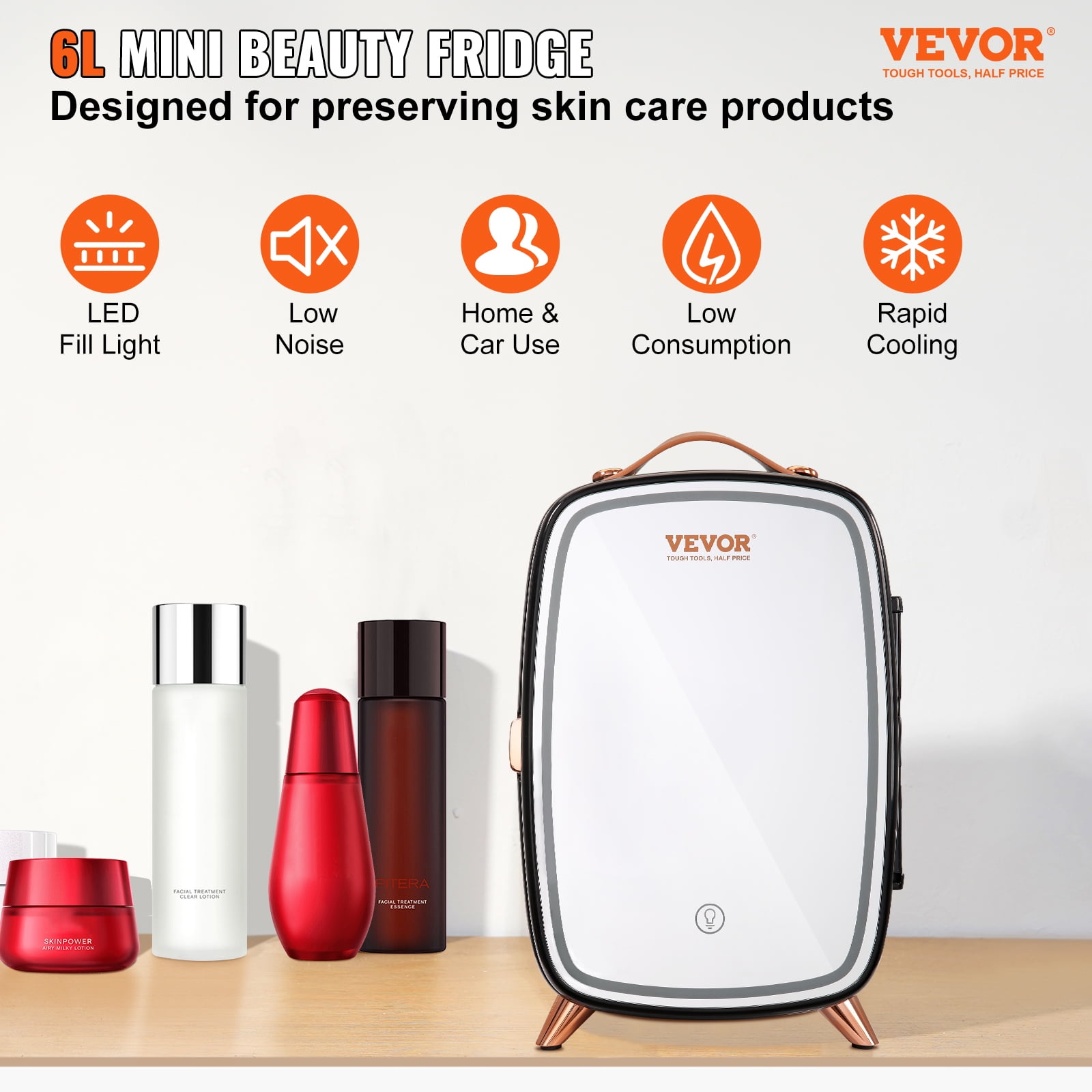 VEVOR Mini Fridge, 6L Skincare Fridge with LED light and HD Mirror, AC/DC Makeup Fridges for Skin Care, Cosmetic Storage, Chill Face Mask Drink, Small Refrigerator for Bedroom Dorm Desktop, Black