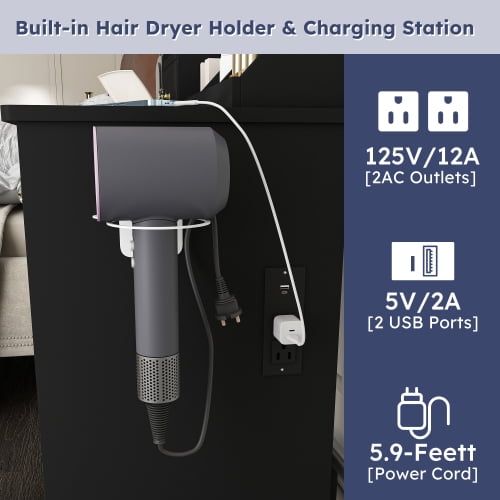 Modern Vanity Desk Set with LED Lighted Mirror, 3 Color Lighting Modes Adjustable Brightness, Built-in Power Outlet & Hair Dryer Holder, Drawers & Open Storage Shelves, Dressing Chair, Black