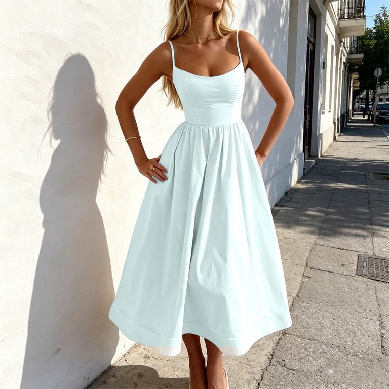 XIAONU Women's Spaghetti Strap A Line Dress Square Neck Flared Hem Midi  Length Casual Party Dress