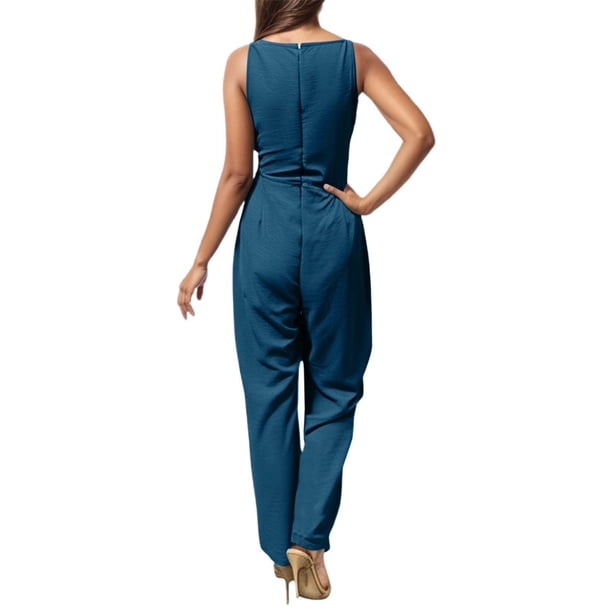 Mono sin mangas con cuello en V y pierna ancha para mujer - Mono con cintura ajustable para llevar en verano en ocasiones informales