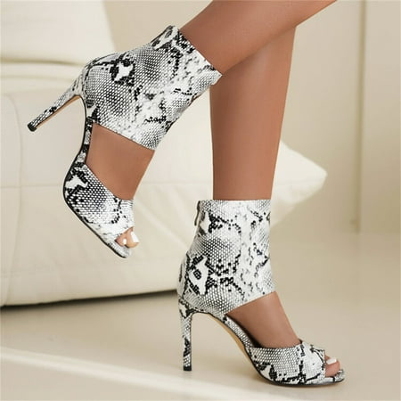 

Cathalem Ladies Fashion Snakeskin Leather Fish Mouth Back Zipper Thin High Heels Sandals Women Slides Sandals White 8