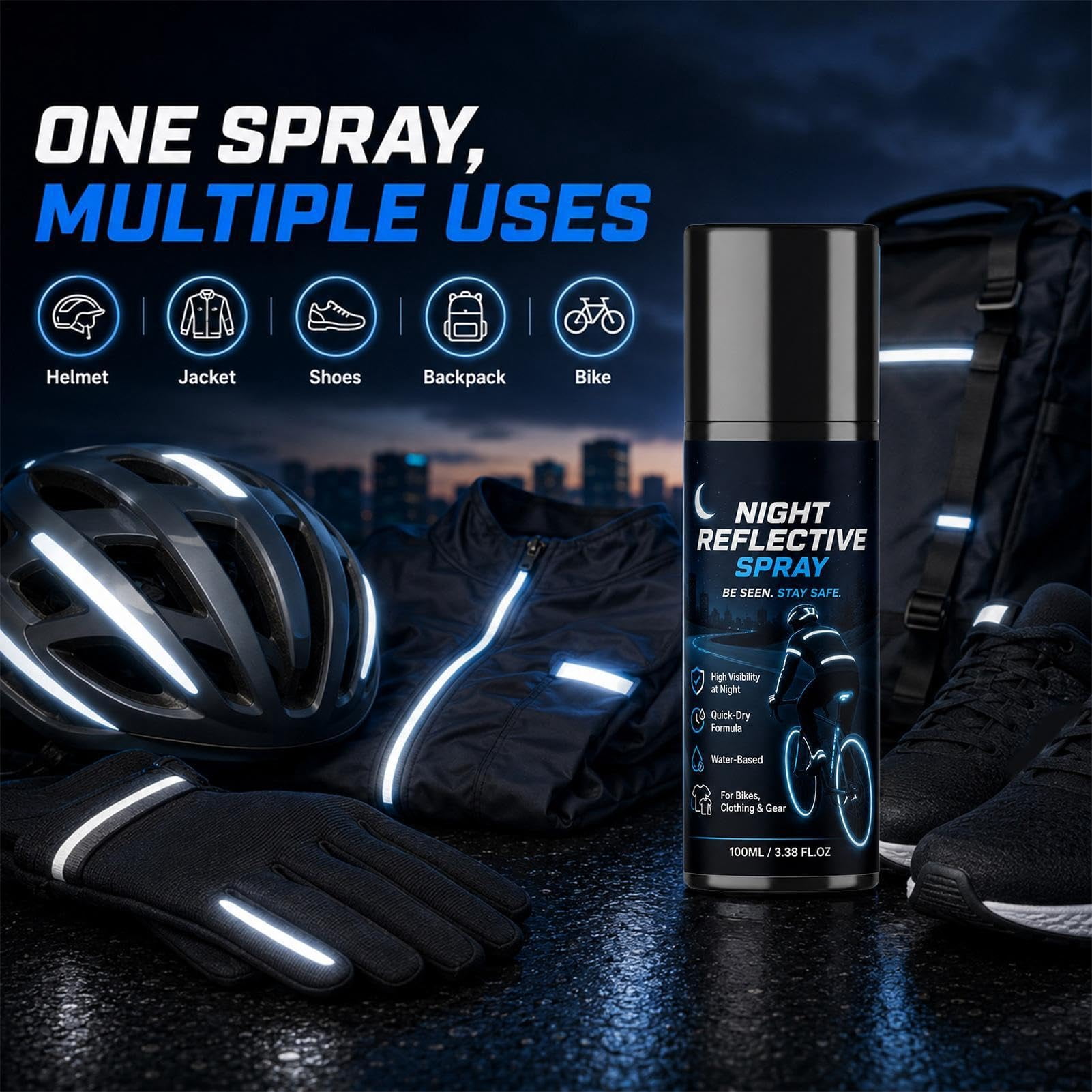214944 Night Reflective Spray, 100ml Clear Reflective Spray Paint | Reflective Coating Spray, Weatherproof Safety Fluorescent Paint, For Nighttime Cycling, Running, Walking, Driveway Traffic