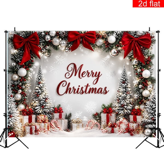 CasaVelle Christmas Backdrop, Merry Christmas Snowy Tree Gift Scene Polyester Fabric Party Decoration for Holiday Photo Booth, 3 x 5 FT