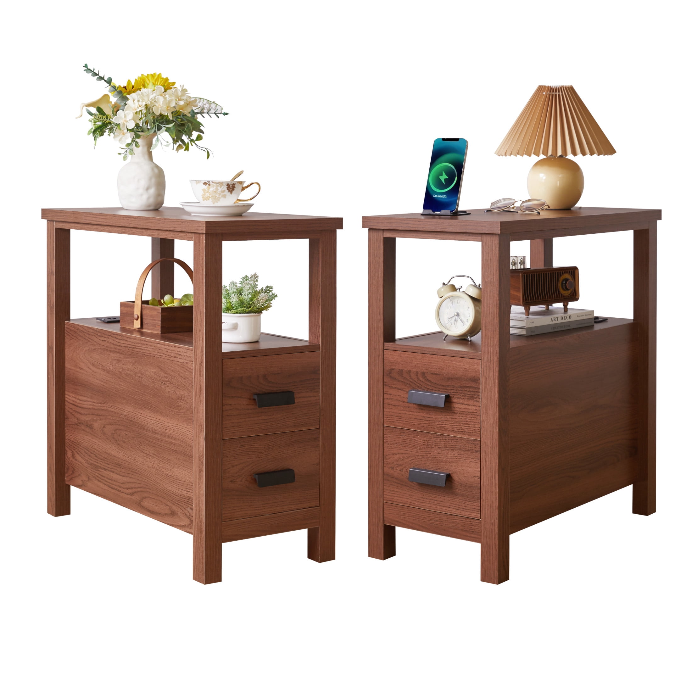 Noble House Marcus Modern End Table with Built-In Charging Station & 2 Drawers, Small Wood Bedside Table, Walnut